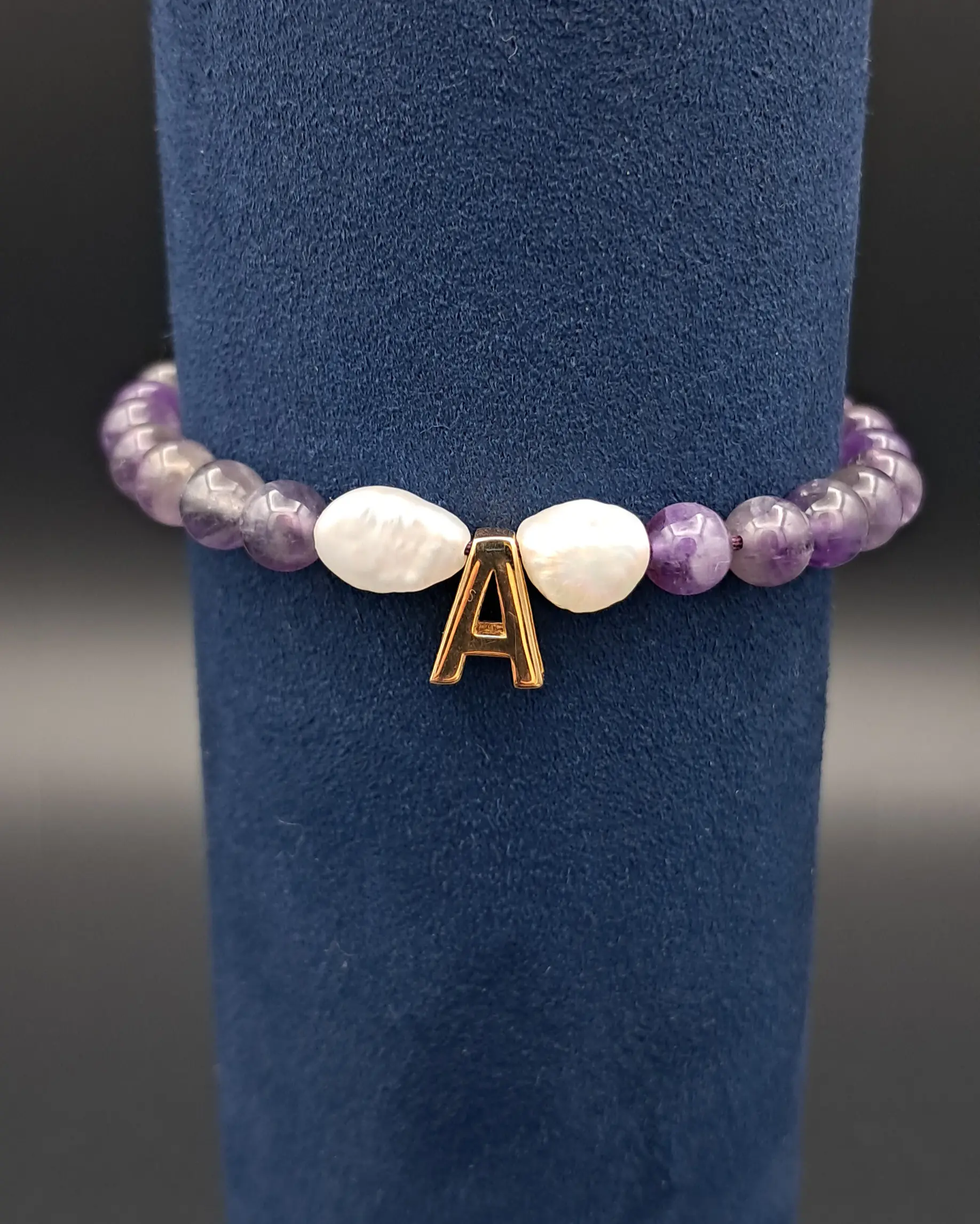 دستبند حرف A مروارید باروک سنگ آمیتیست برزیل